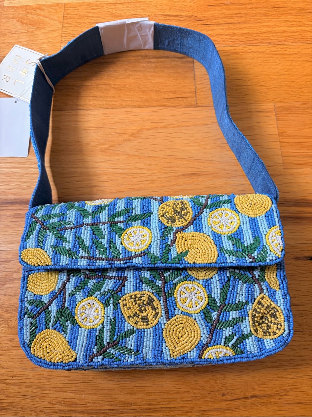 NWT Sol & Mer Beaded Lemon Bag blue striped Baguette purse lemons stripes NEW
